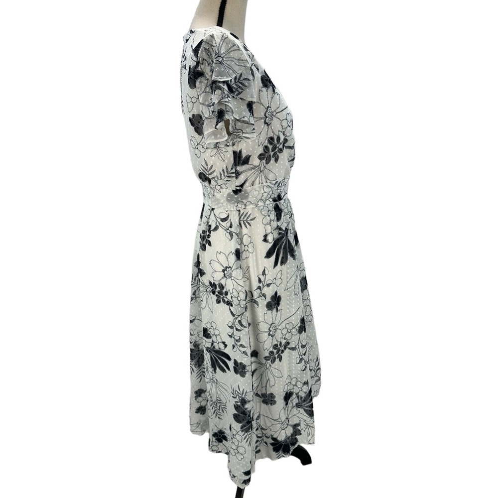 DKNY Short Sleeve Floral Print Faux Wrap Midi Dress - White Black - size 10 - Picture 2 of 9